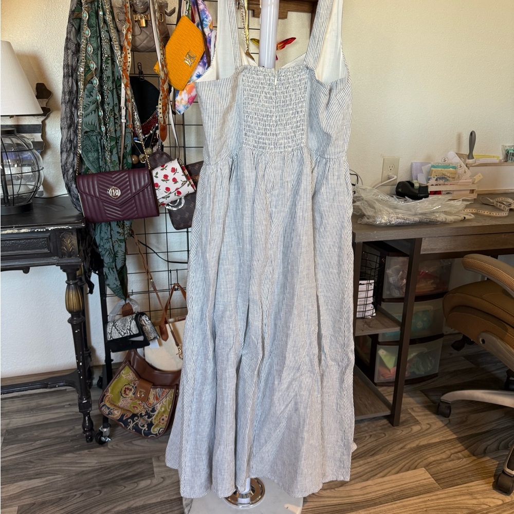 Quince 100% Linen Striped Midi Dress Pockets Blue & White NWT Size M - Picture 2 of 4